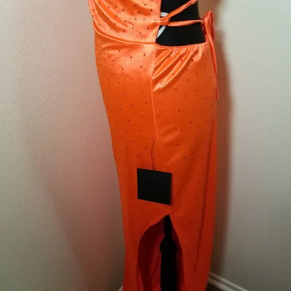 Lulus Womens Medium Coral Halter Long Dress Rhinestone HOCO Formal Prom NWT - Picture 13 of 15